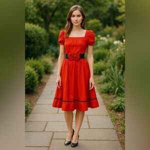 Vintage Red fit and flare‎ dress with flowers tie detail